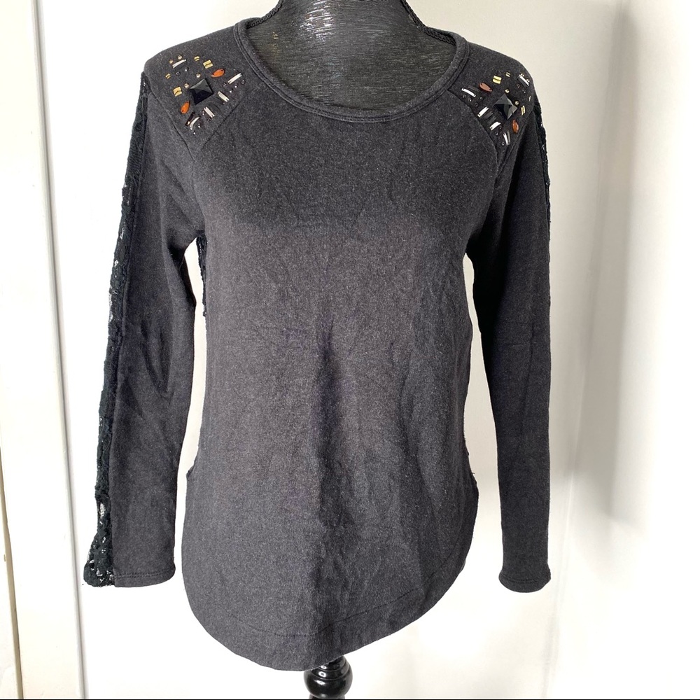 Sanctuary Jewel Embellished Shoulder Lace Sweatshirt